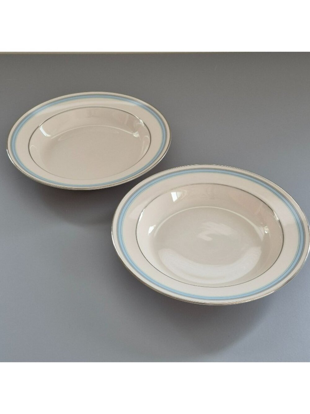 Vintage Lenox Bradford Rimmed Soup Bowl Set of 2, Blue & Platinum Trim USA 1980s